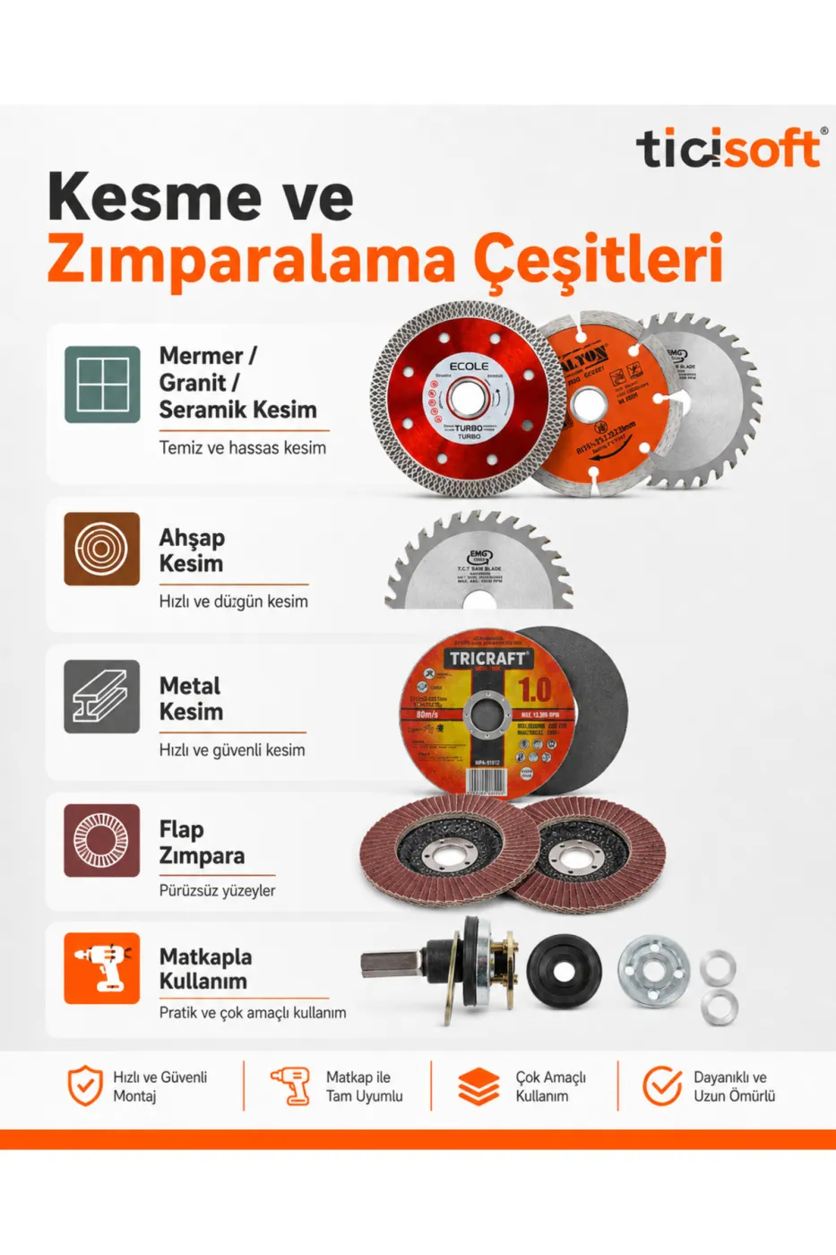 Matkap Uyumlu 115 mm Kesme ve Zımparalama Disk Seti 7 Disk + Daire Testere Adaptörü ve Montaj Aparatları