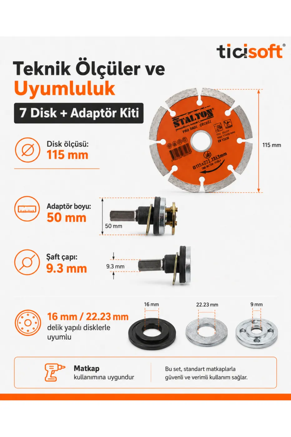 Matkap Uyumlu 115 mm Kesme ve Zımparalama Disk Seti 7 Disk + Daire Testere Adaptörü ve Montaj Aparatları