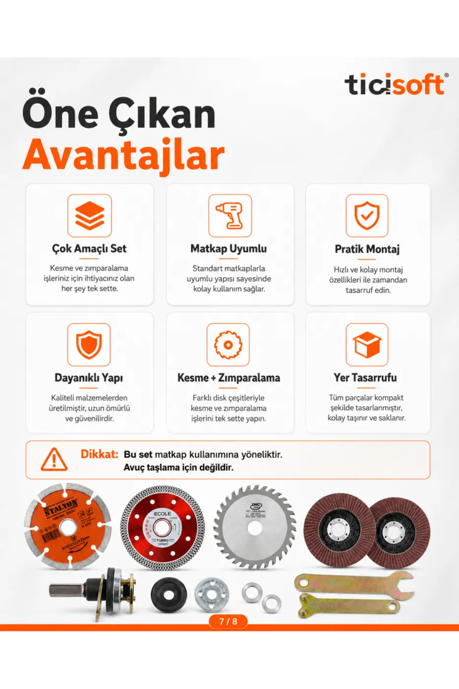 Matkap Uyumlu 115 mm Kesme ve Zımparalama Disk Seti 7 Disk + Daire Testere Adaptörü ve Montaj Aparatları