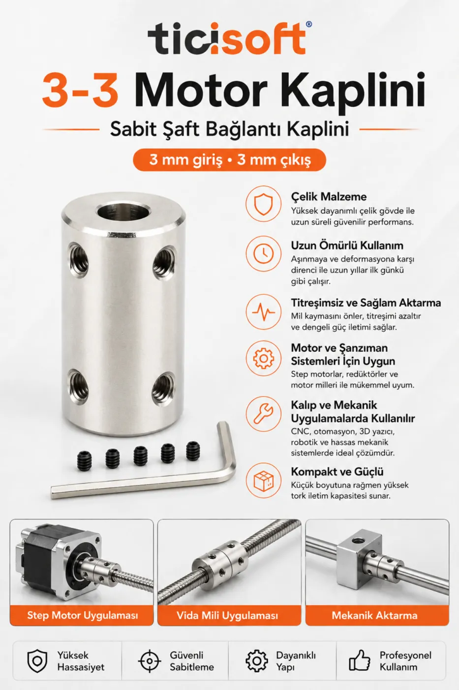 3-3 Motor Kaplini Sabit Şaft Bağlantı Kaplin Motor Pimi Çoğaltıcı 3mm Çelik 4 M4 Vidalı Alyanlı