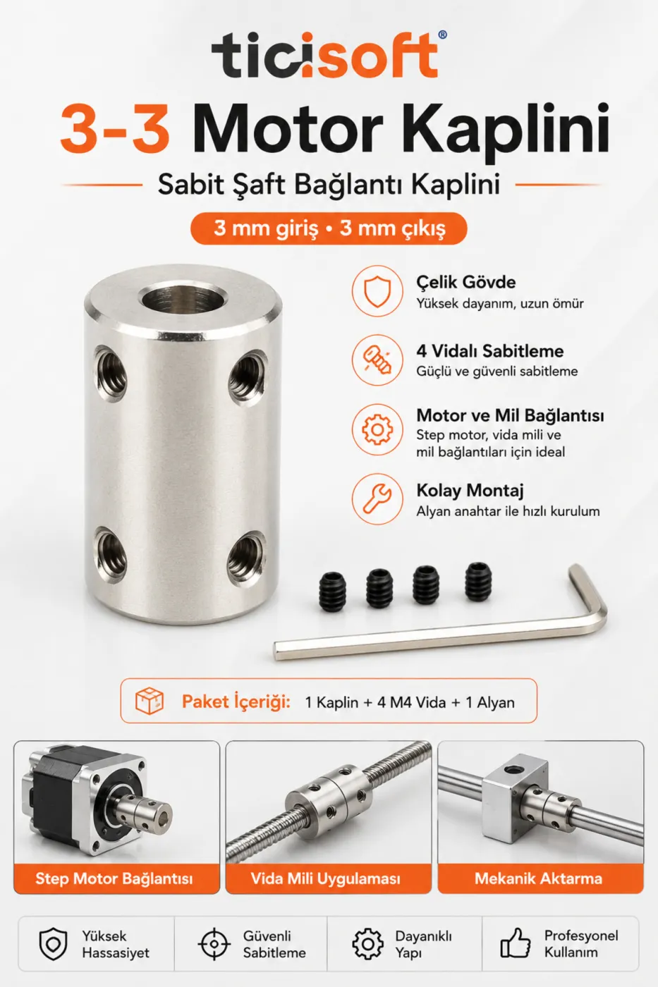 3-3 Motor Kaplini Sabit Şaft Bağlantı Kaplin Motor Pimi Çoğaltıcı 3mm Çelik 4 M4 Vidalı Alyanlı