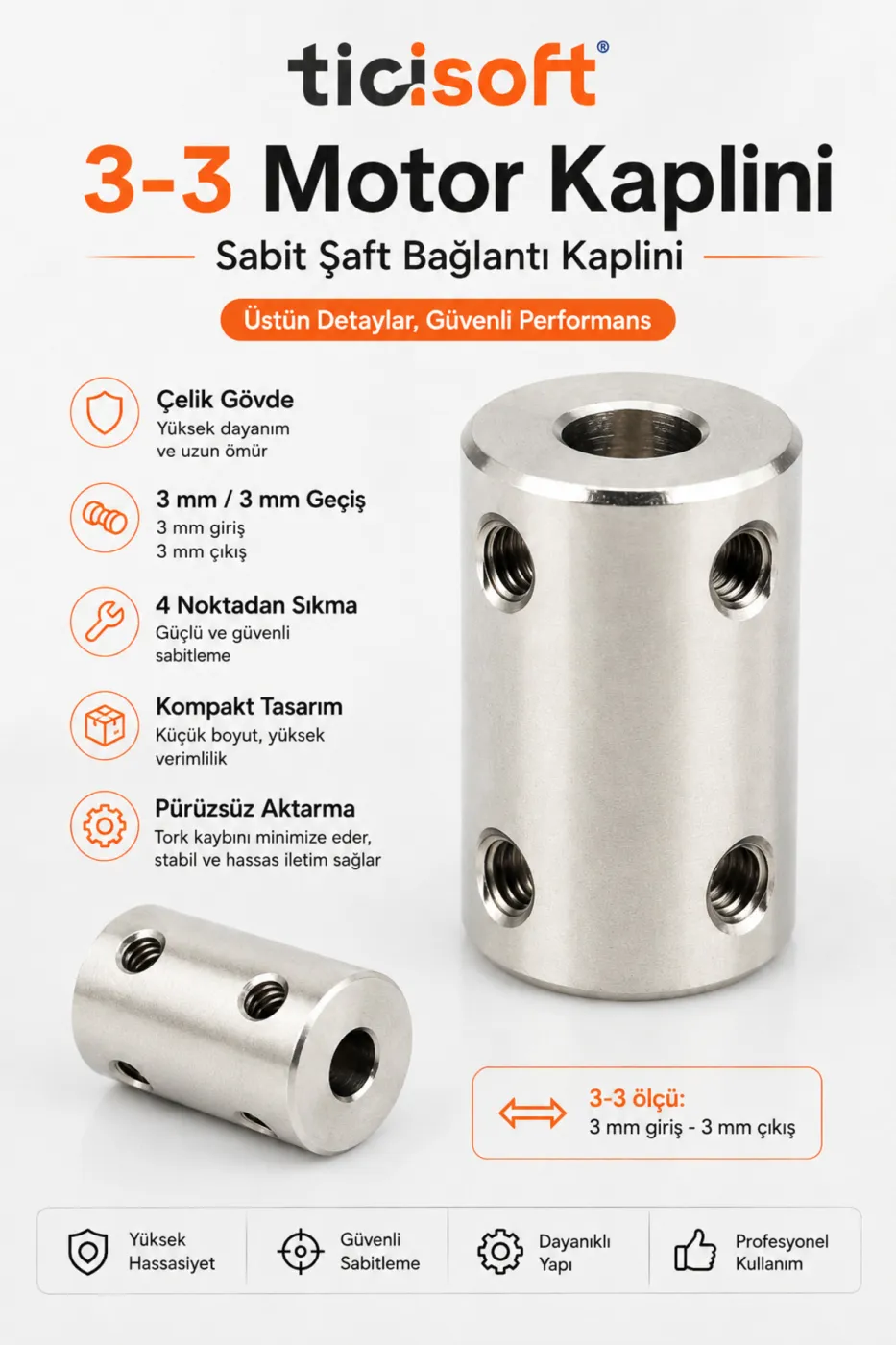 3-3 Motor Kaplini Sabit Şaft Bağlantı Kaplin Motor Pimi Çoğaltıcı 3mm Çelik 4 M4 Vidalı Alyanlı