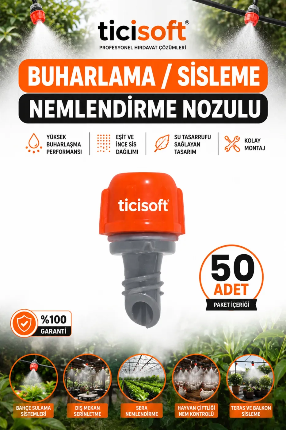 50 adet Sisleme Misting Buharlama Serinletme Nozulu Sera Nemlendirme Spreyi Kafa Sulama Ekipmanları Mist