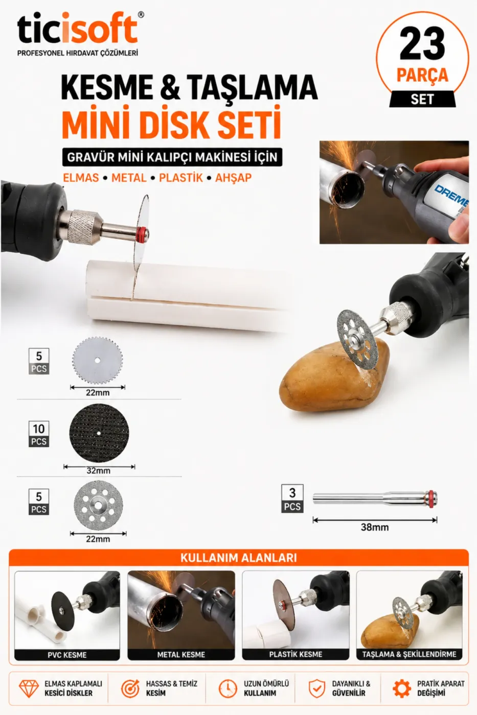 23 Parça Mini Kesme Taşlama Disk Seti Gravür Kalıpçı Makinesi Uyumlu Elmas Kesici Zımpara Seti