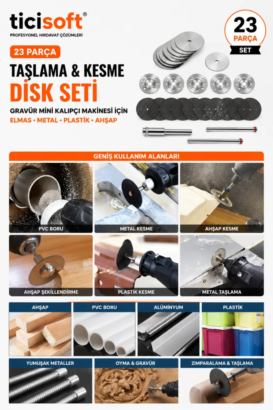 23 Parça Mini Kesme Taşlama Disk Seti Gravür Kalıpçı Makinesi Uyumlu Elmas Kesici Zımpara Seti