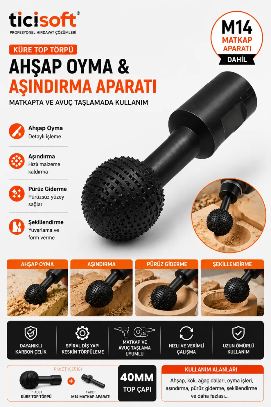 M14 Aparatlı Küre Top Törpü 40mm Ahşap Oyma Aşındırma Ucu Avuç Taşlama Matkap Uyumlu Karbon Çelik