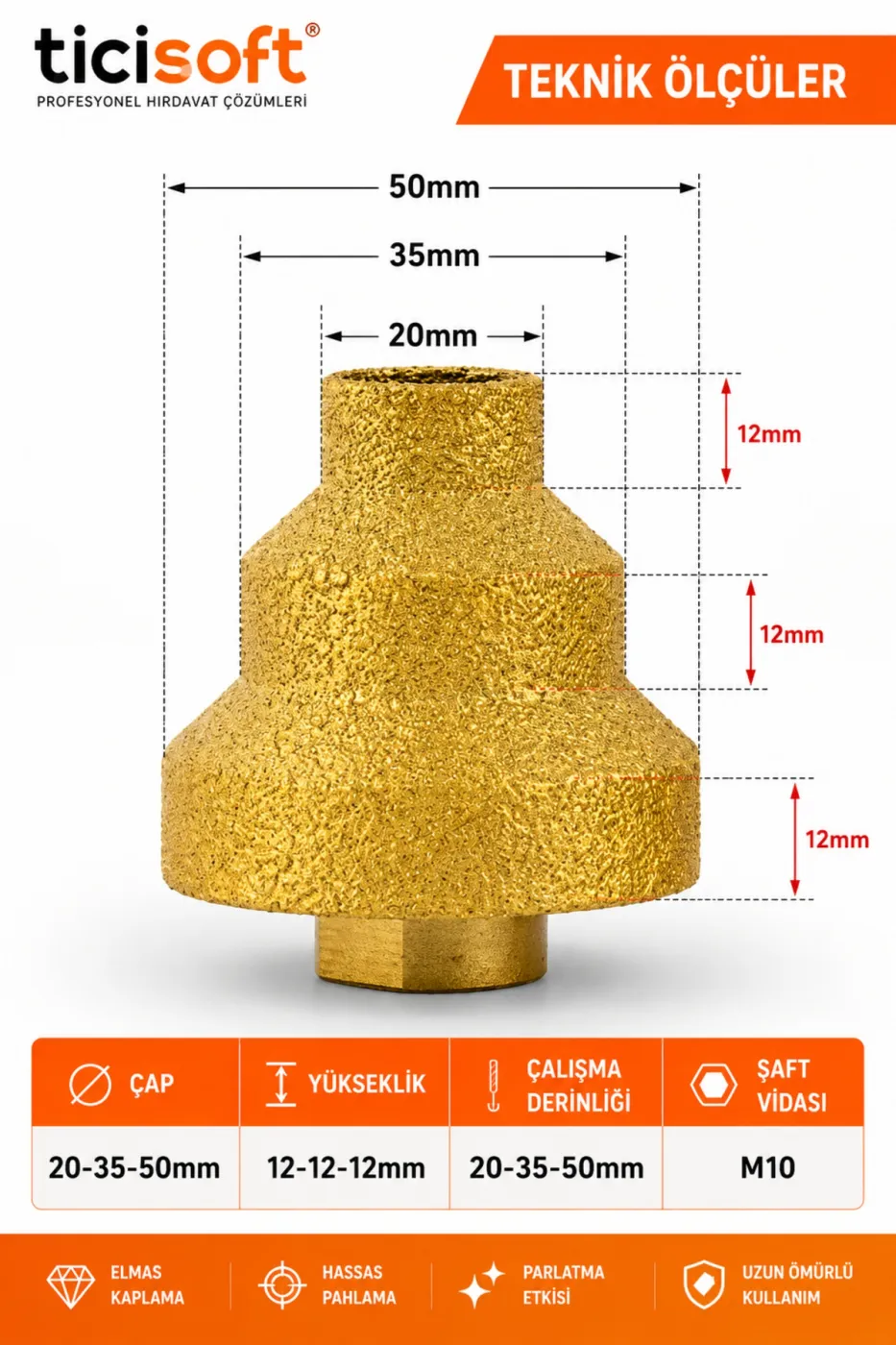 Mermer Fayans Granit Delik Genişletme Pahlama Parlatma Konik Elmaslı Pah Freze Ucu 20 mm - 35 mm - 50 mm