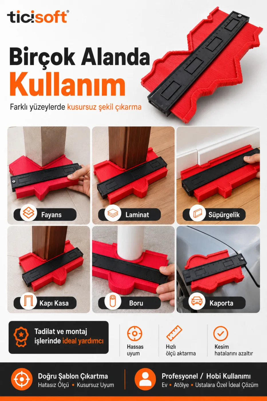 Şablon Tarağı Kontur Ölçer 250 mm Şekil Kopyalama Mastarı Fayans Laminat Ahşap Kesim Ölçü Aparatı
