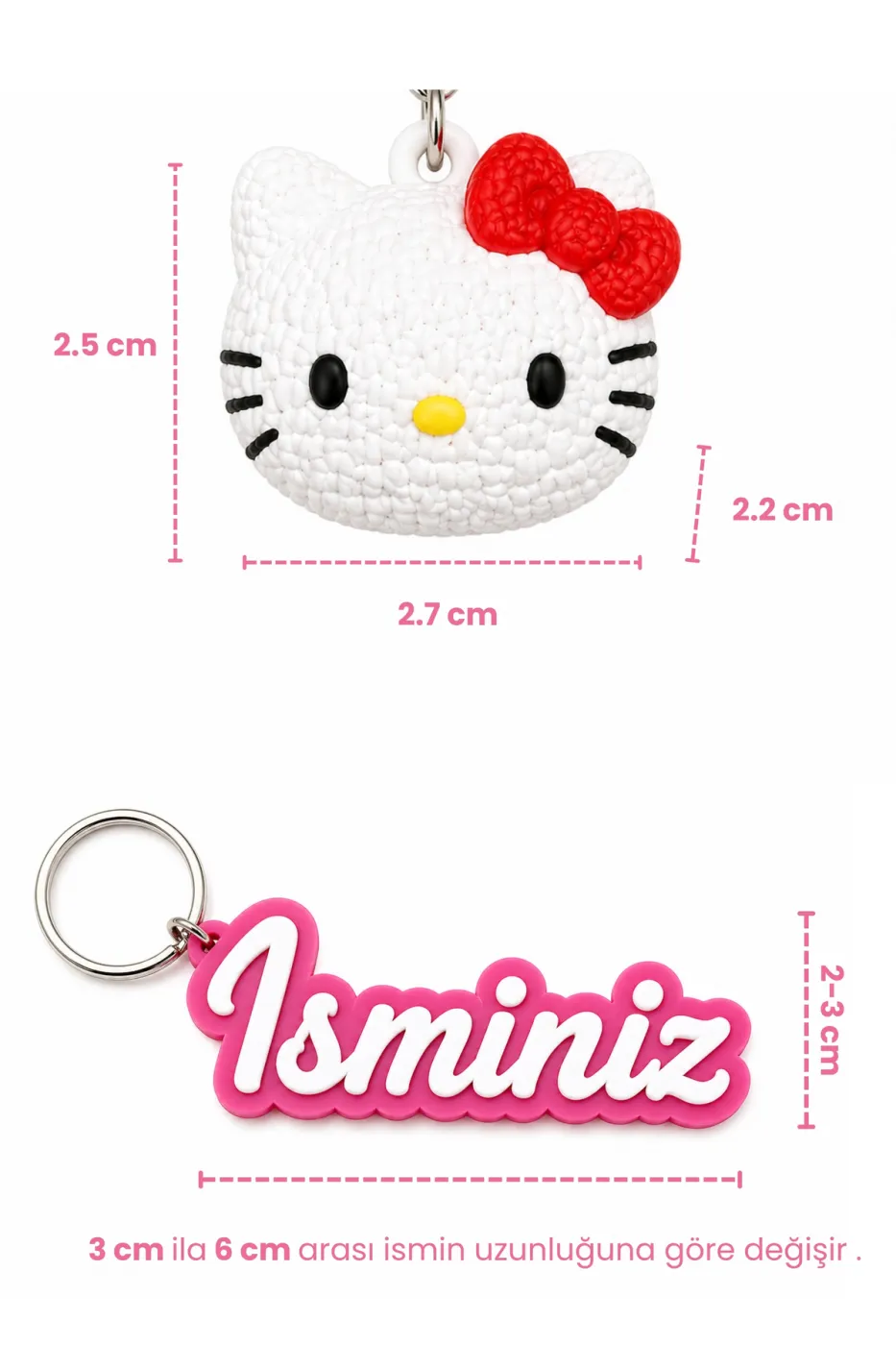 Kişiye Özel İsimli Hello Kitty Pembe Anahtarlık | Kişiselleştirilebilir Kalemlik Çanta Süsü Hediyelik | 2li Set
