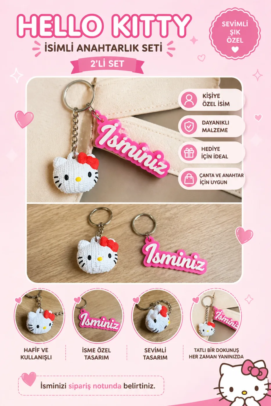 Kişiye Özel İsimli Hello Kitty Pembe Anahtarlık | Kişiselleştirilebilir Kalemlik Çanta Süsü Hediyelik | 2li Set