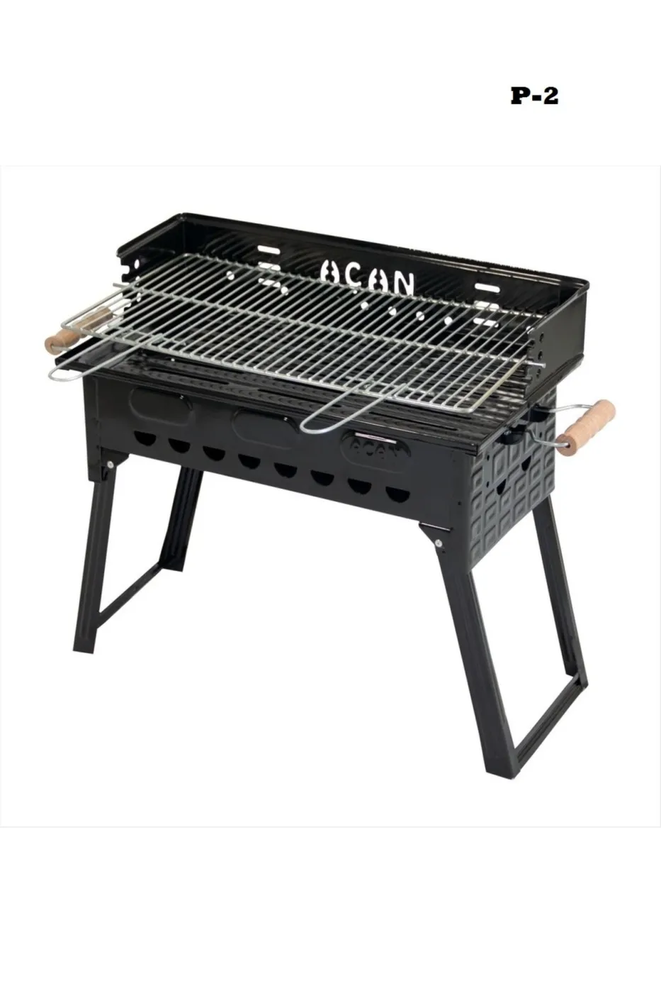 Pervazlı Emaye Mangal P2 Büyük Boy Kömürlü Barbekü Çift Izgara Katlanır Ayaklı 27x44cm
