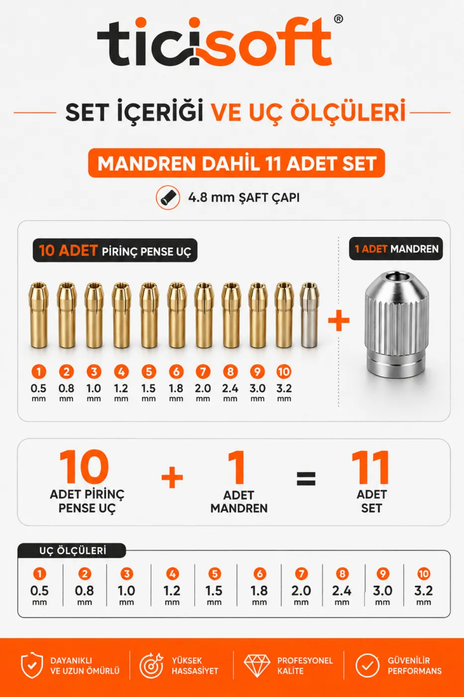 Gravür Aletleri İçin Pirinç Pens Seti Penset Kiti 0,5–3,2 mm 11 Parça Mandren Dahil 4,8 mm Şaft