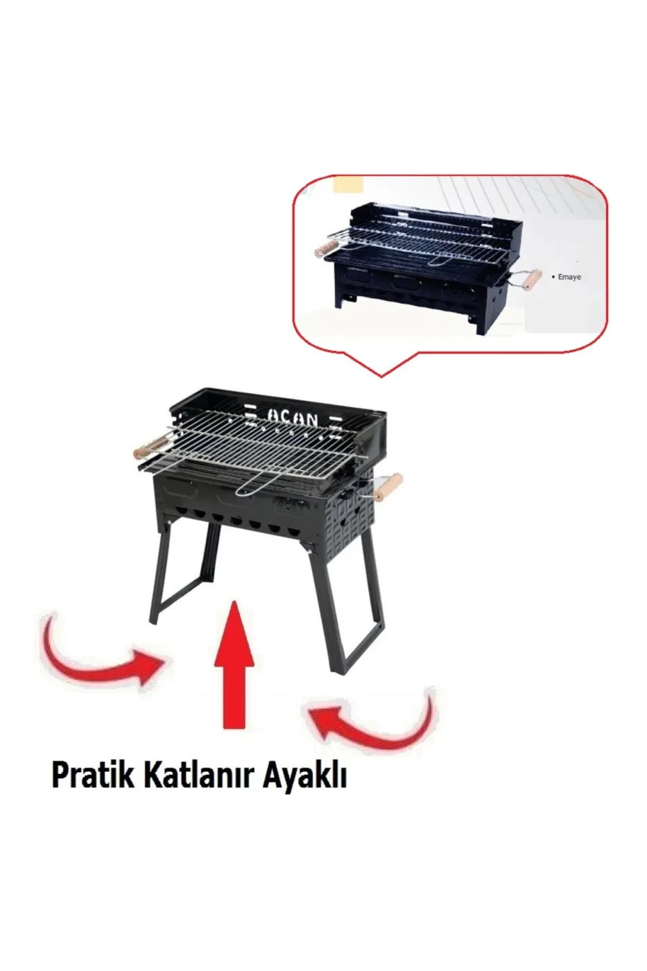 Pervazlı Emaye Mangal P3 Battal Boy Barbekü Çift Kömürlü Izgara Katlanır Ayaklı 27x51cm