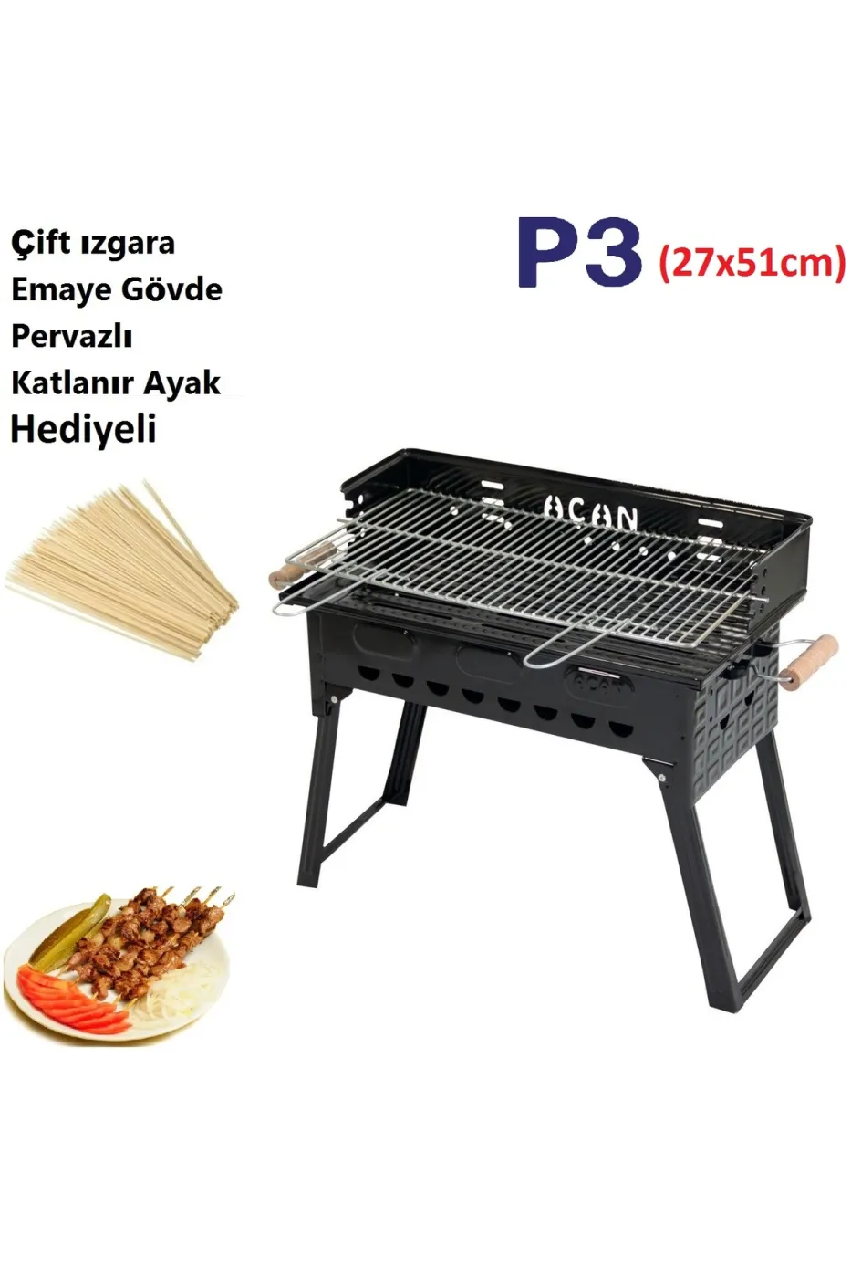 Pervazlı Emaye Mangal P3 Battal Boy Barbekü Çift Kömürlü Izgara Katlanır Ayaklı 27x51cm