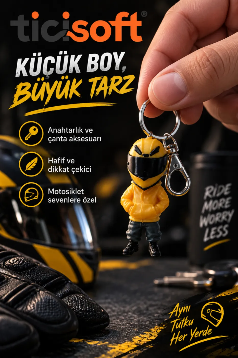 3D Baskı Motorcu Anahtarlık Tek Parça Motosiklet Sürücü Figürlü Metal Halkalı Anahtarlık