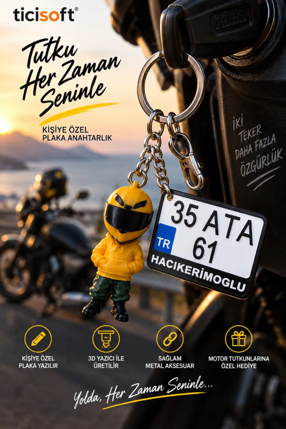 Kişiye Özel Plaka ve Motorcu Anahtarlık 2 Parça 3D Baskı Motosiklet Sürücü Figürlü İsimli Plaka Anahtarlığı