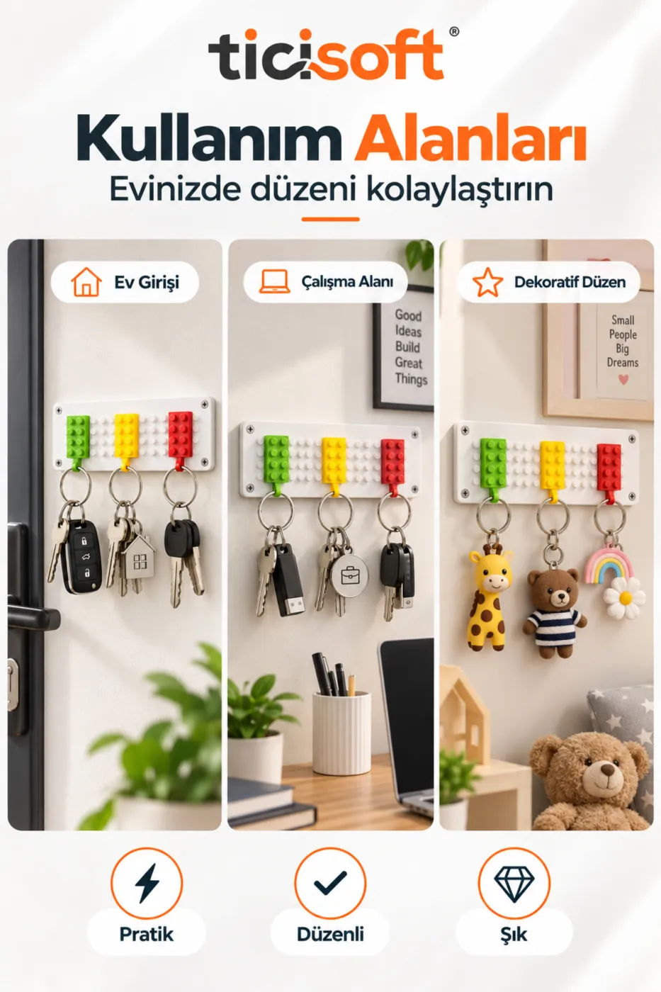 Blok Tasarımlı Duvar Anahtarlığı 3 Renkli Anahtarlık Dahil Beyaz Taban Anahtar Askılığı ve Düzenleyici