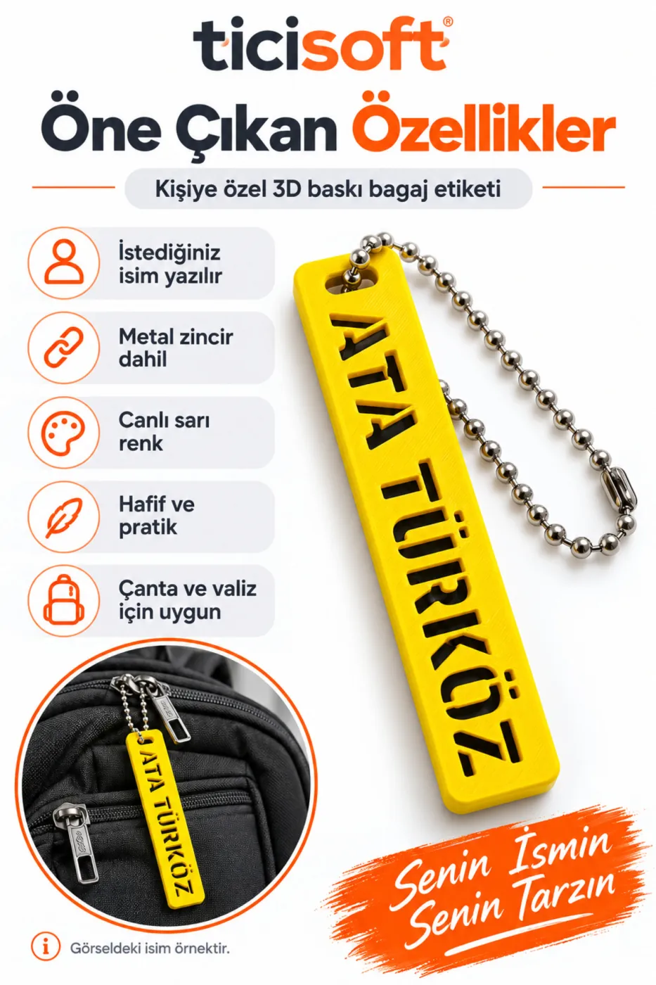 Kişiye Özel 3D Baskı Çanta İsimliği Metal Zincirli Bagaj Etiketi İstenilen İsim Yazılı