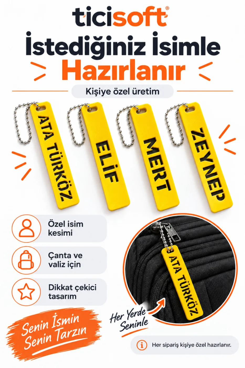 Kişiye Özel 3D Baskı Çanta İsimliği Metal Zincirli Bagaj Etiketi İstenilen İsim Yazılı