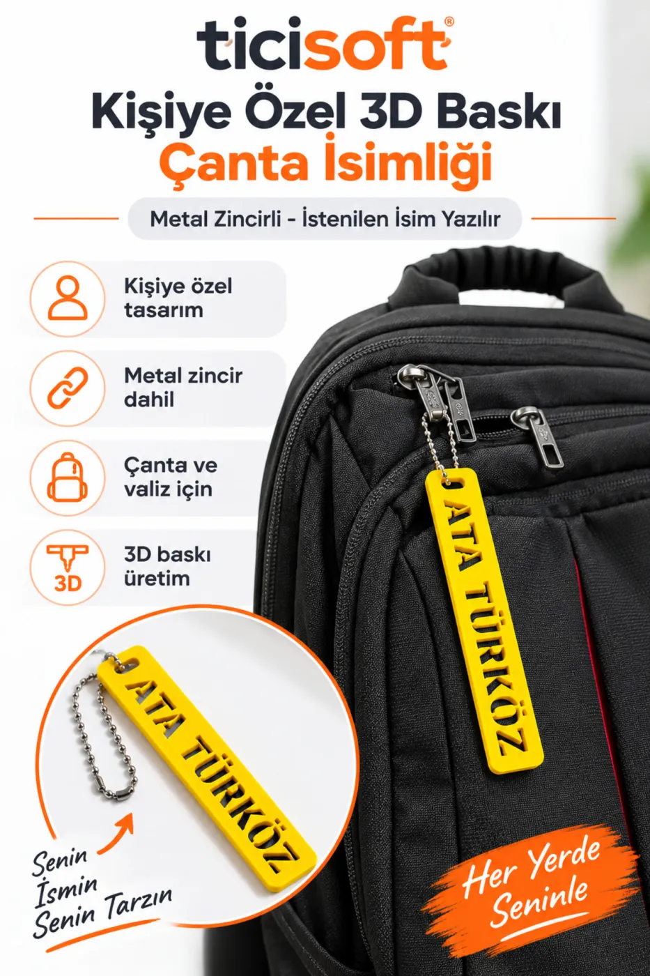 Kişiye Özel 3D Baskı Çanta İsimliği Metal Zincirli Bagaj Etiketi İstenilen İsim Yazılı