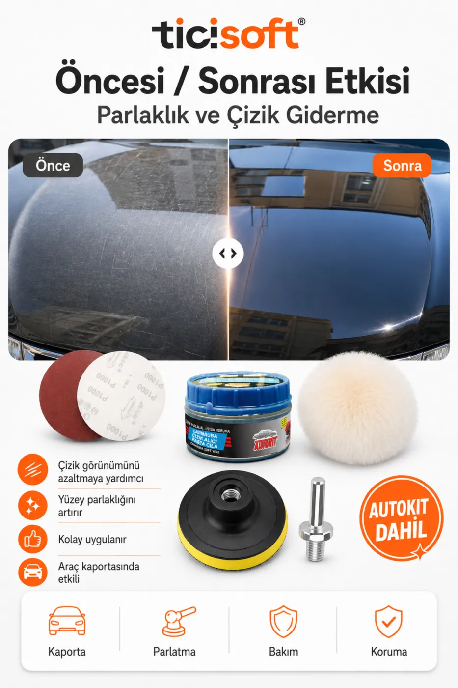 115 mm Oto Pasta Cila Polisaj Seti 6 Parça Matkap Uyumlu Cırt Taban Bone Zımpara ve Çizik Giderici Set