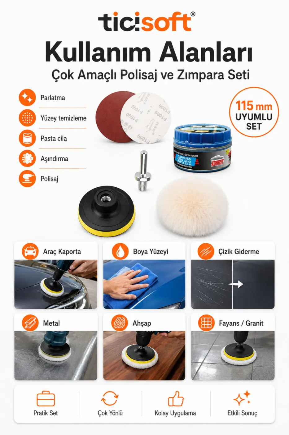 115 mm Oto Pasta Cila Polisaj Seti 6 Parça Matkap Uyumlu Cırt Taban Bone Zımpara ve Çizik Giderici Set