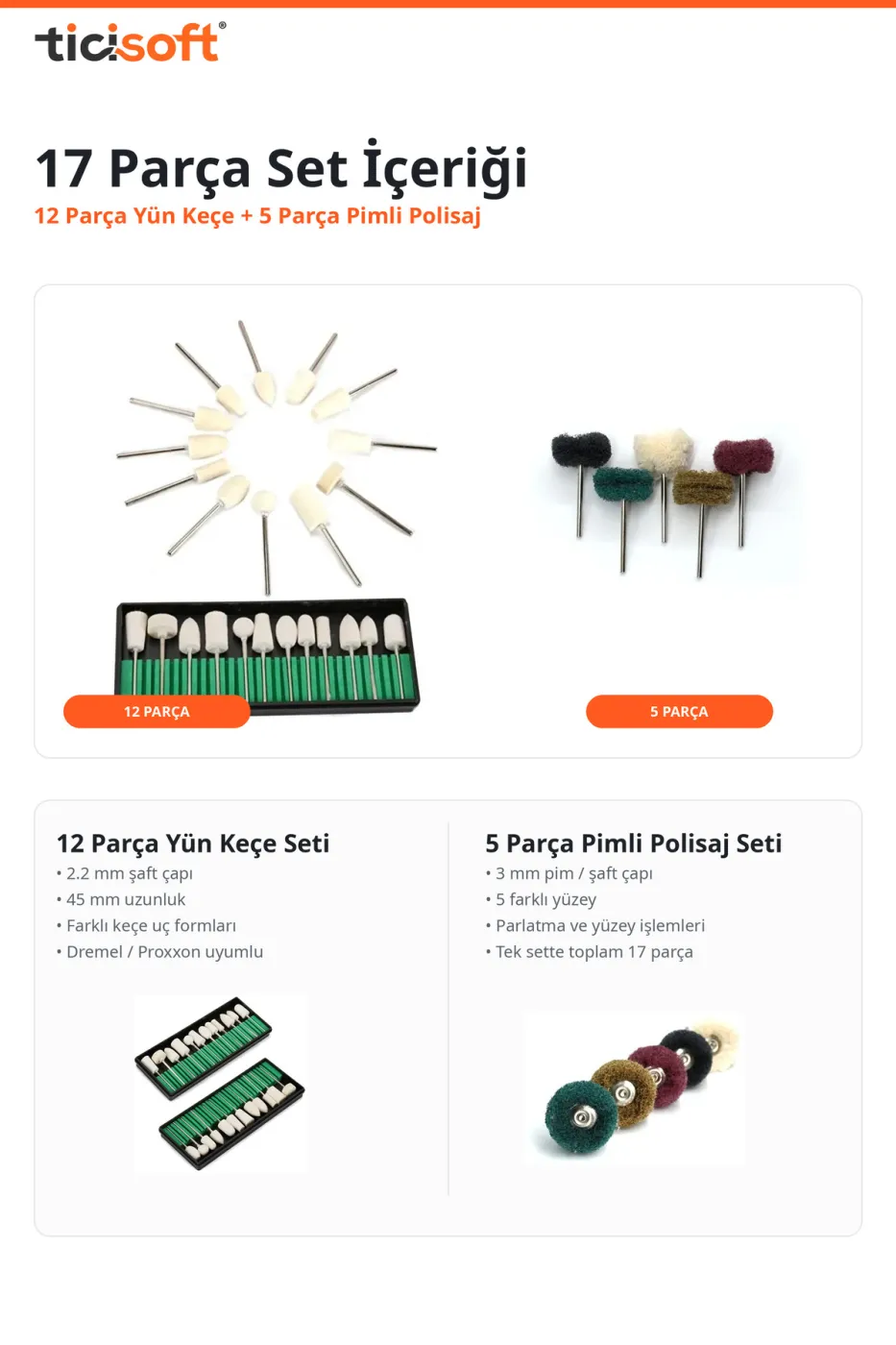 17 Parça Mini Polisaj Parlatma Cilalama Keçe Seti 2.2 mm ve 3 mm Pimli Dremel Uyumlu