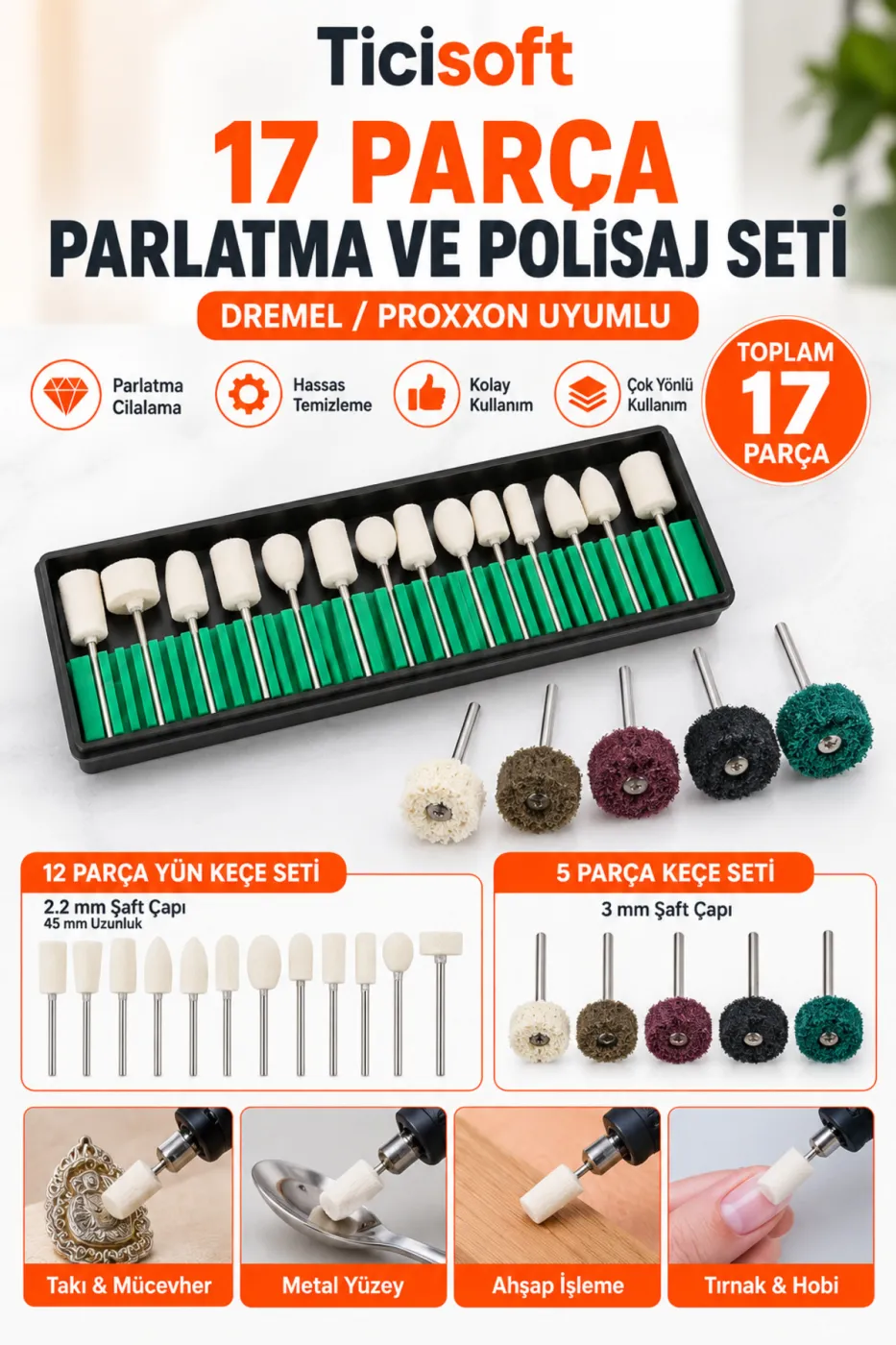 17 Parça Mini Polisaj Parlatma Cilalama Keçe Seti 2.2 mm ve 3 mm Pimli Dremel Uyumlu