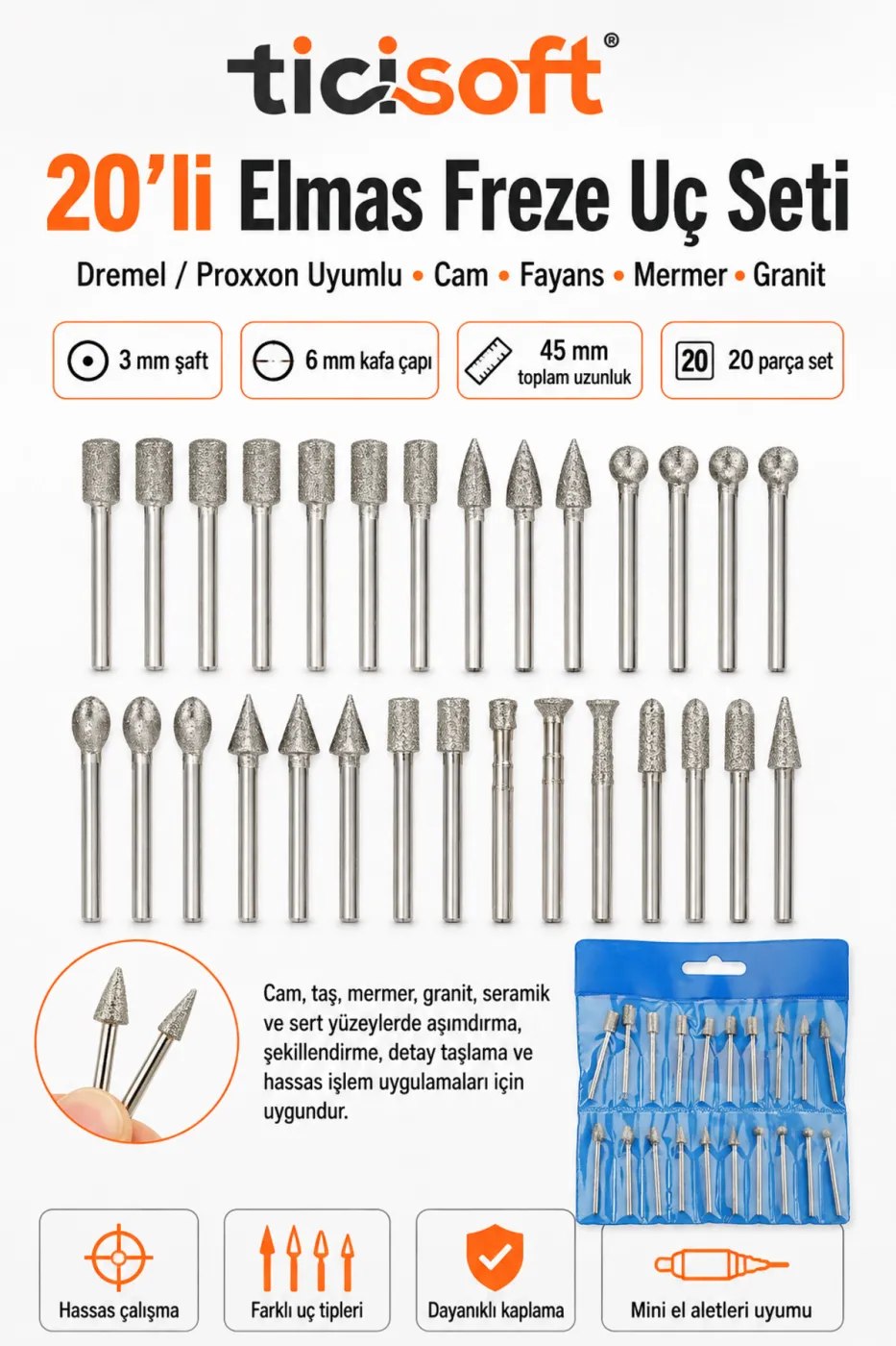 20 Parça Elmas Freze Uç Seti 3 mm Şaft Dremel Uyumlu Cam Fayans Mermer Granit Taşlama Aşındırma Uçları