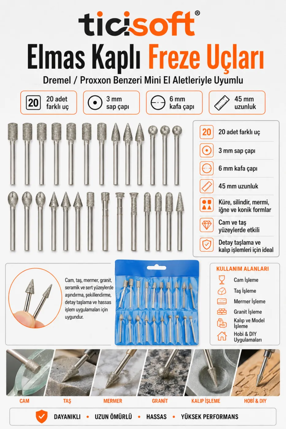 20 Parça Elmas Freze Uç Seti 3 mm Şaft Dremel Uyumlu Cam Fayans Mermer Granit Taşlama Aşındırma Uçları