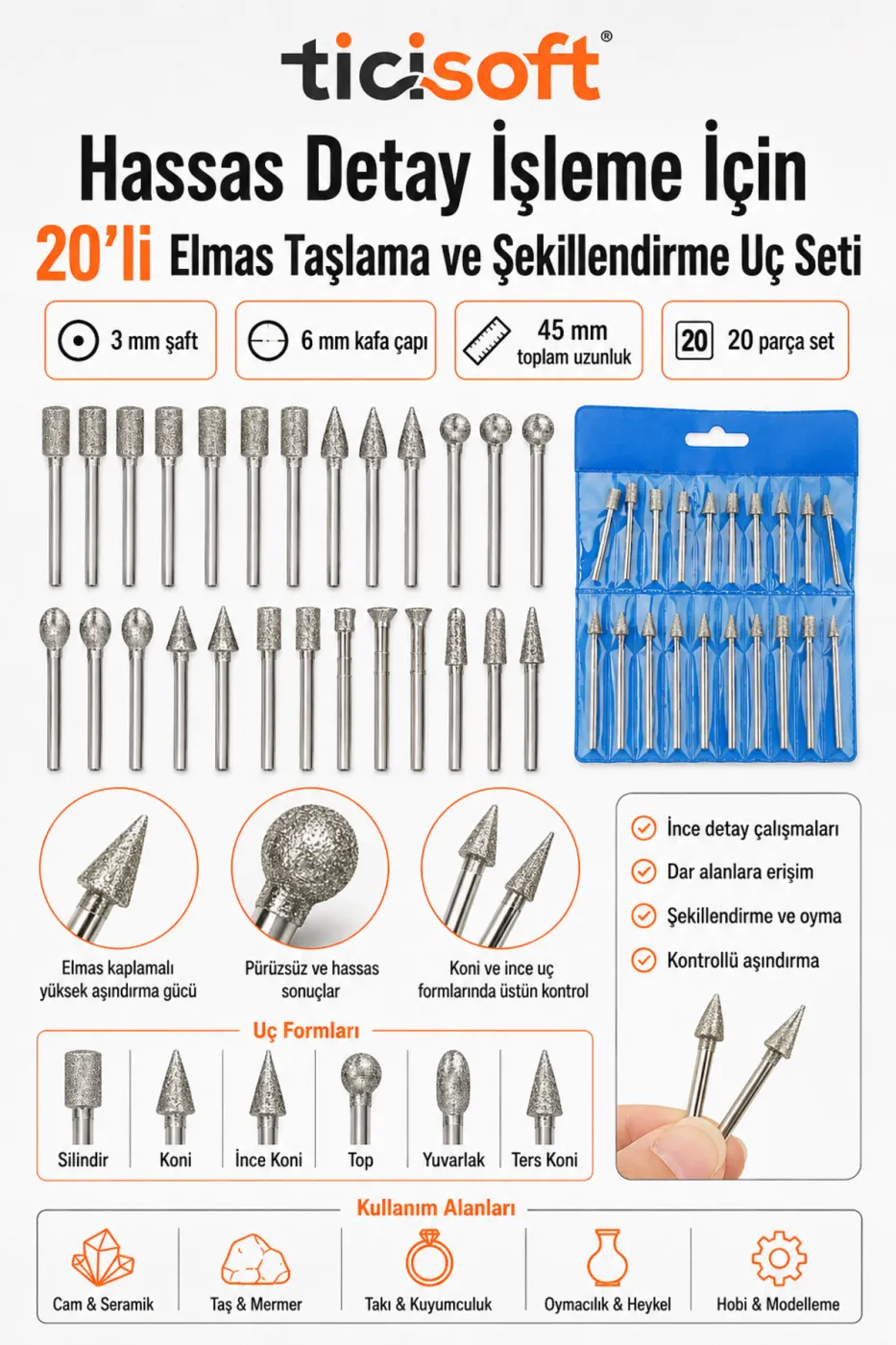 20 Parça Elmas Freze Uç Seti 3 mm Şaft Dremel Uyumlu Cam Fayans Mermer Granit Taşlama Aşındırma Uçları