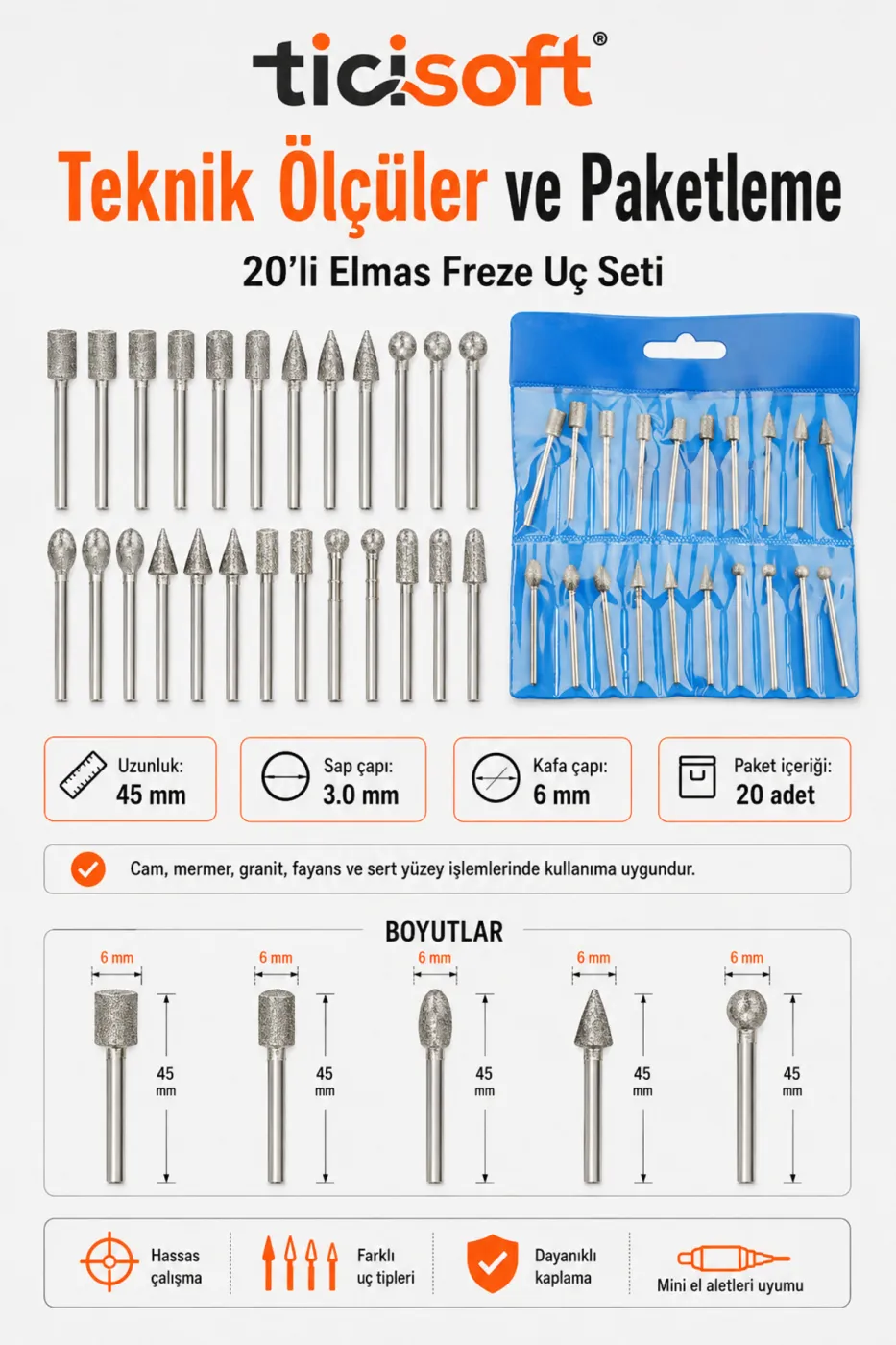 20 Parça Elmas Freze Uç Seti 3 mm Şaft Dremel Uyumlu Cam Fayans Mermer Granit Taşlama Aşındırma Uçları