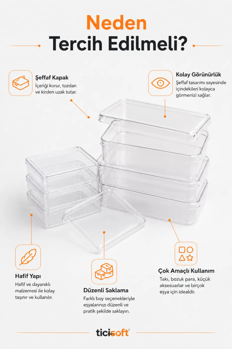 Şeffaf Kapaklı Organizer Kutu Seti 6 Kutu + 6 Kapak 12 Parça Takı Boncuk Küçük Parça Saklama Kutusu