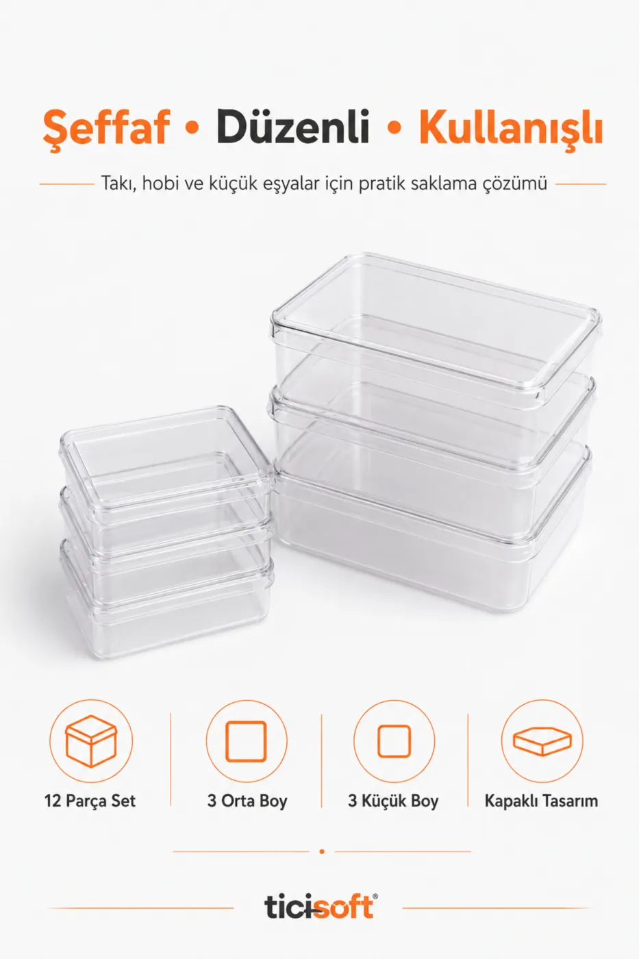 Şeffaf Kapaklı Organizer Kutu Seti 6 Kutu + 6 Kapak 12 Parça Takı Boncuk Küçük Parça Saklama Kutusu