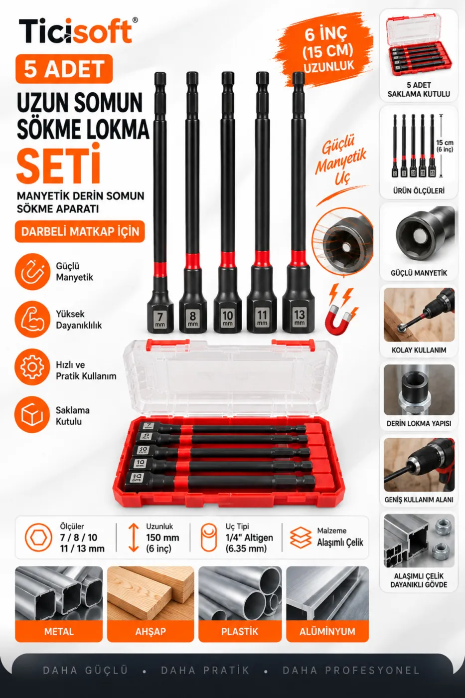 5 Parça 150 mm Manyetik Uzun Somun Sökme Lokma Seti 7-8-10-11-13 mm 1/4 Hex Matkap Vidalama Ucu Saklama Kutulu