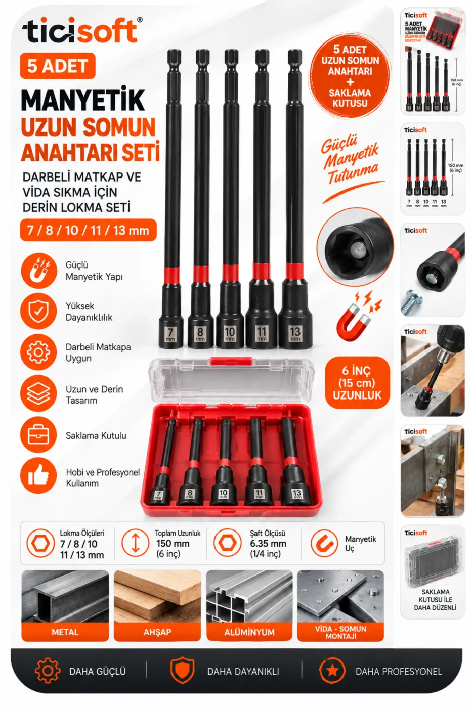 5 Parça 150 mm Manyetik Uzun Somun Sökme Lokma Seti 7-8-10-11-13 mm 1/4 Hex Matkap Vidalama Ucu Saklama Kutulu