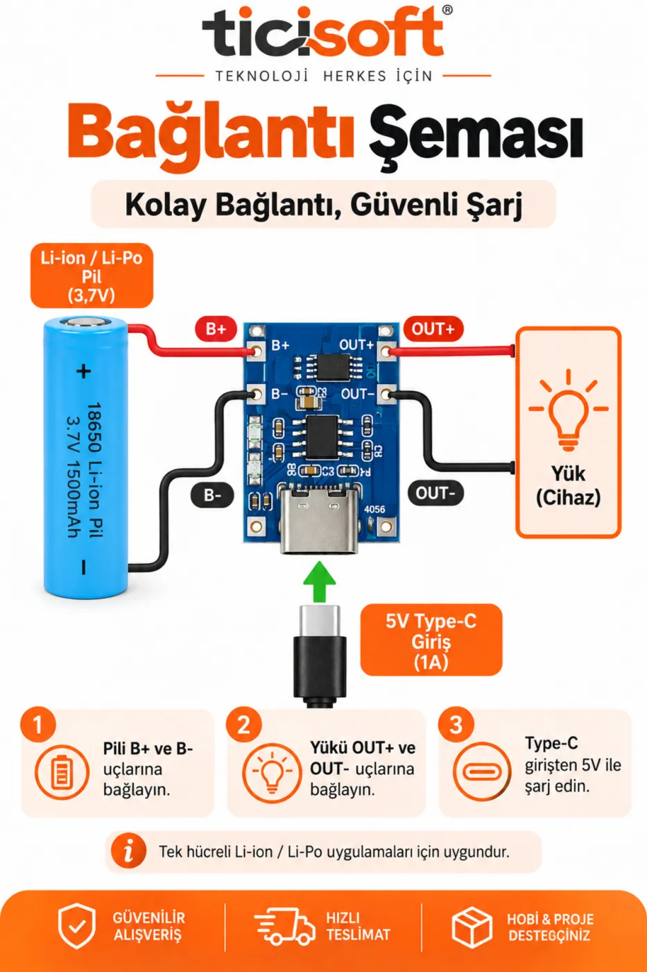 3,7V 18650 1500 mAh Li-Ion Pil + TP4056 Type-C BMS Şarj Devresi Şarj Modülü Seti