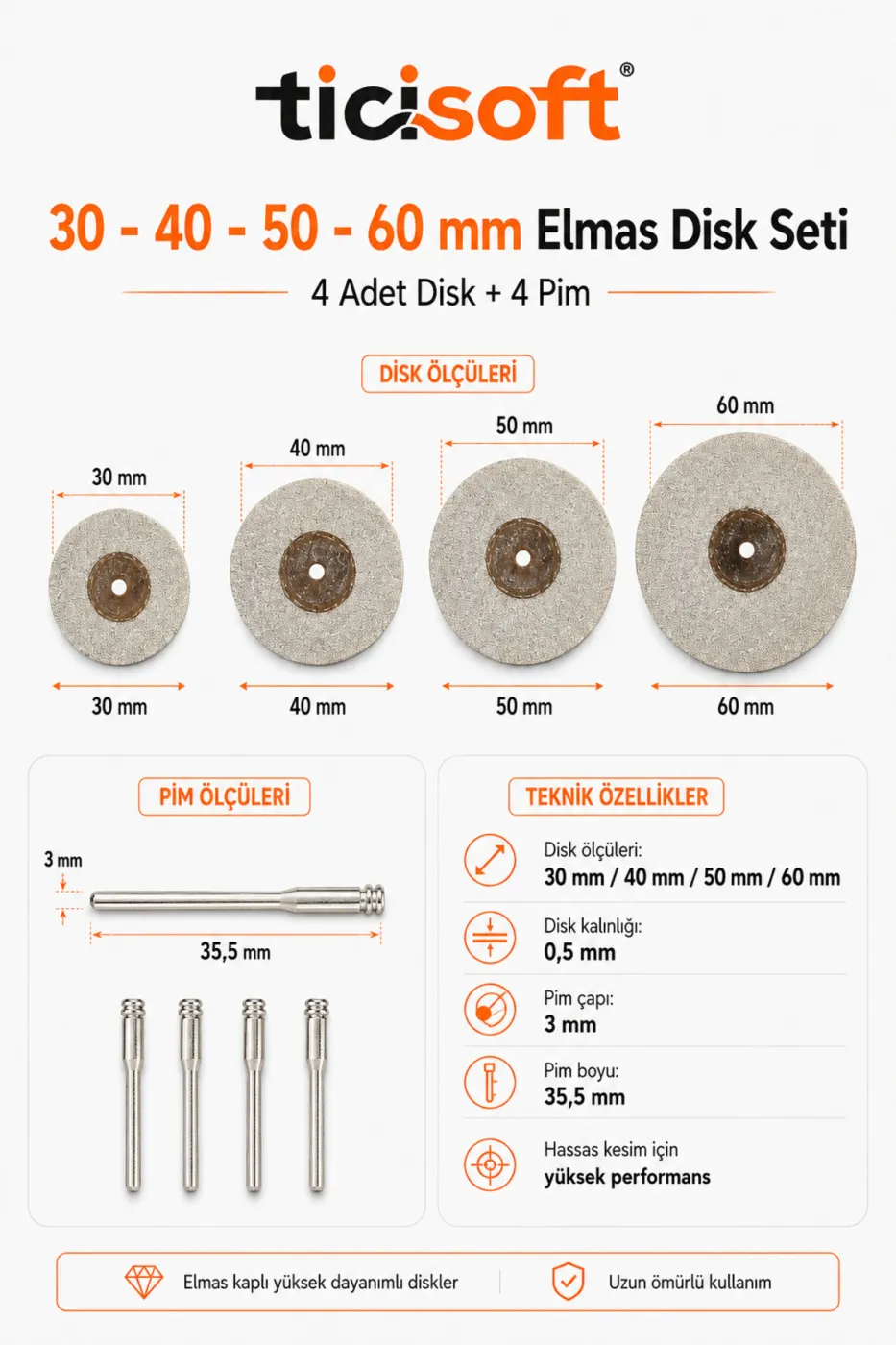 4’lü Elmas Kesme Disk Seti 30-40-50-60 mm + 4 Adet 3 mm Pim Mini Matkap Gravür Uyumlu