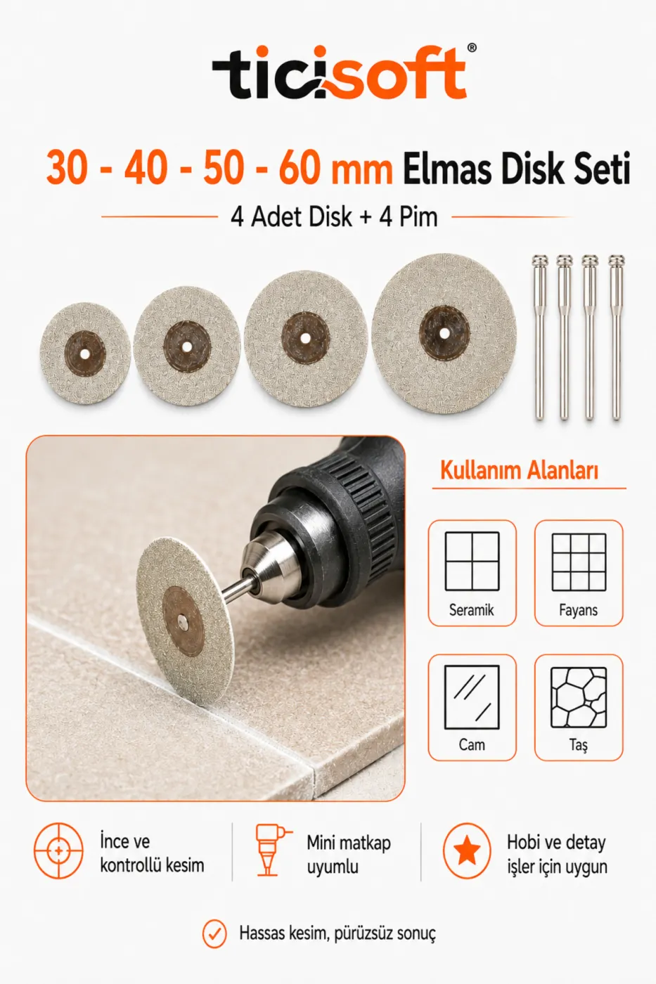 4’lü Elmas Kesme Disk Seti 30-40-50-60 mm + 4 Adet 3 mm Pim Mini Matkap Gravür Uyumlu