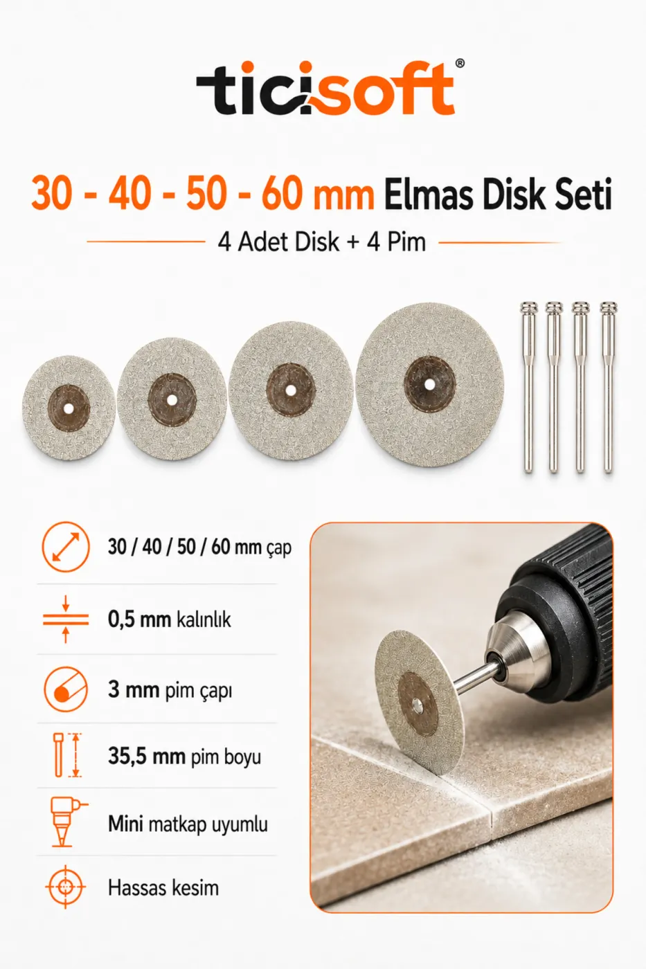 4’lü Elmas Kesme Disk Seti 30-40-50-60 mm + 4 Adet 3 mm Pim Mini Matkap Gravür Uyumlu