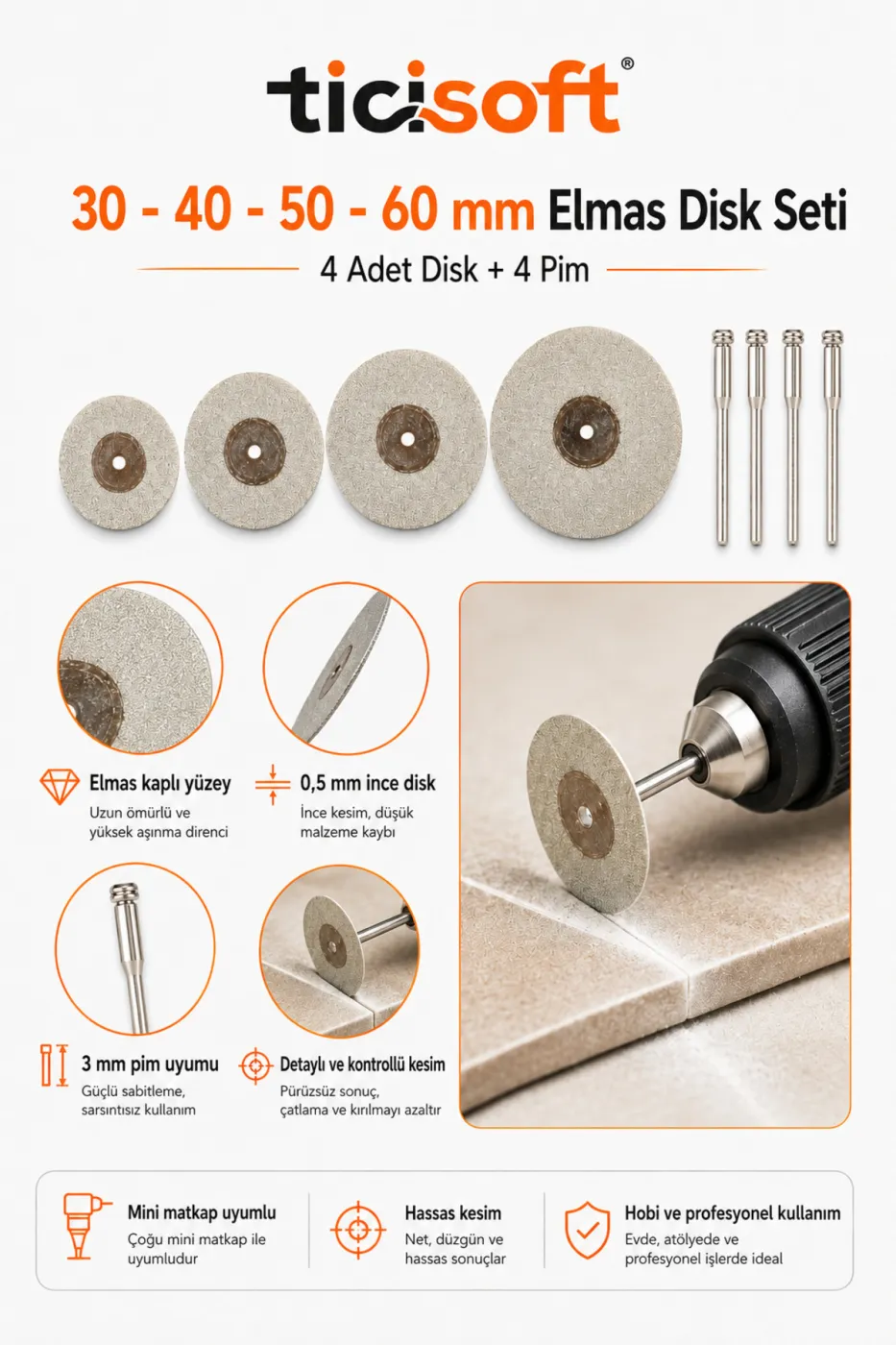 4’lü Elmas Kesme Disk Seti 30-40-50-60 mm + 4 Adet 3 mm Pim Mini Matkap Gravür Uyumlu