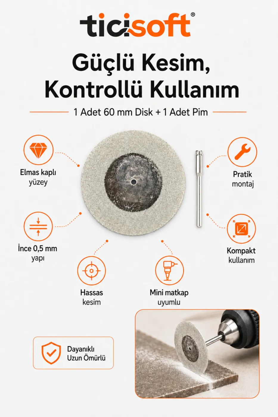 60 mm Elmas Kesme Disk Seti 0,5 mm İnce Disk + 1 Adet 3 mm Pim Mini Matkap Gravür Uyumlu