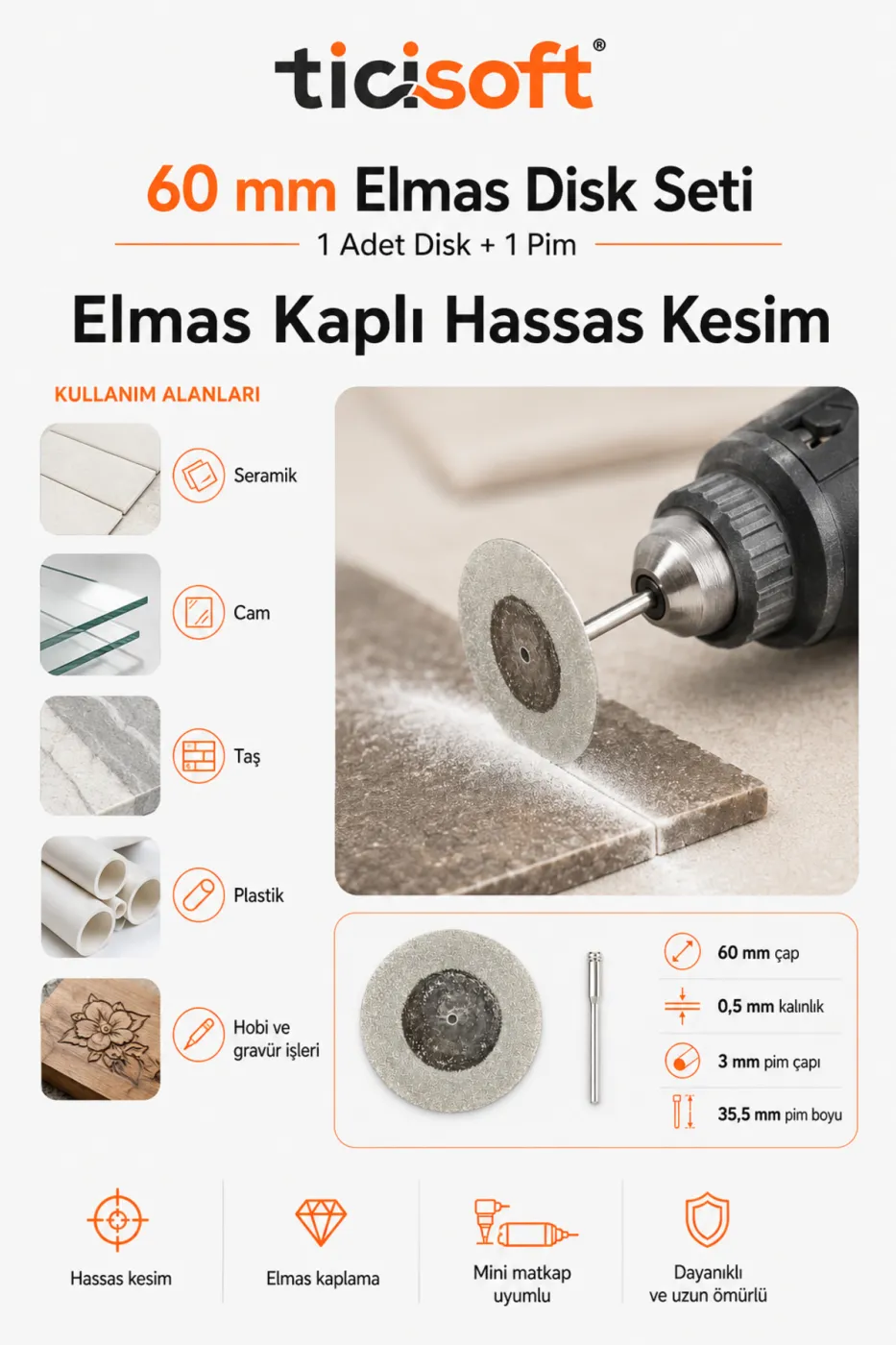 60 mm Elmas Kesme Disk Seti 0,5 mm İnce Disk + 1 Adet 3 mm Pim Mini Matkap Gravür Uyumlu