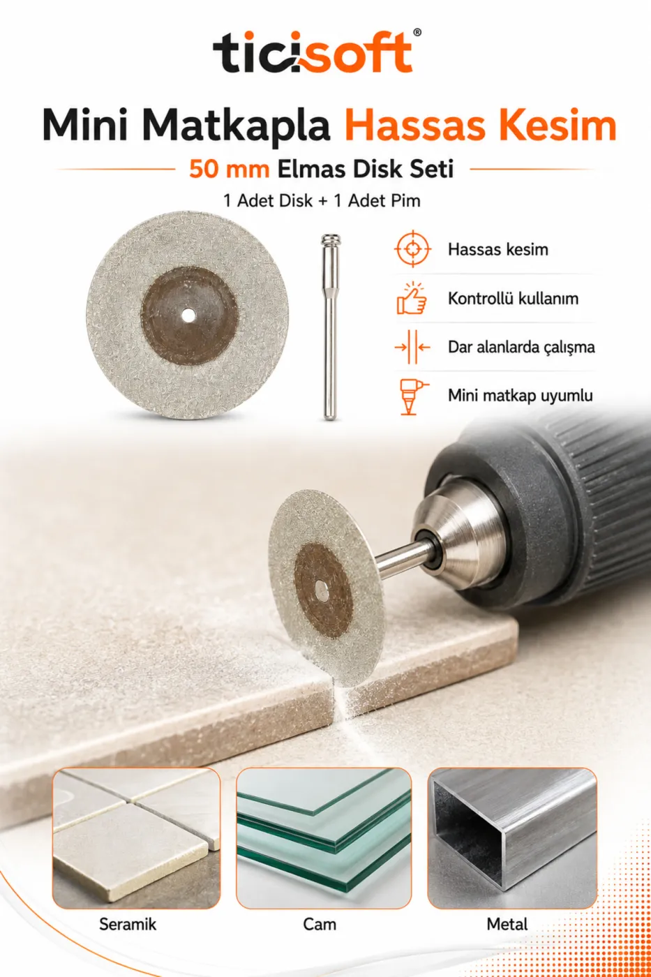50 mm Elmas Kesme Disk Seti 0,5 mm İnce Disk + 1 Adet 3 mm Pim Mini Matkap Gravür Uyumlu