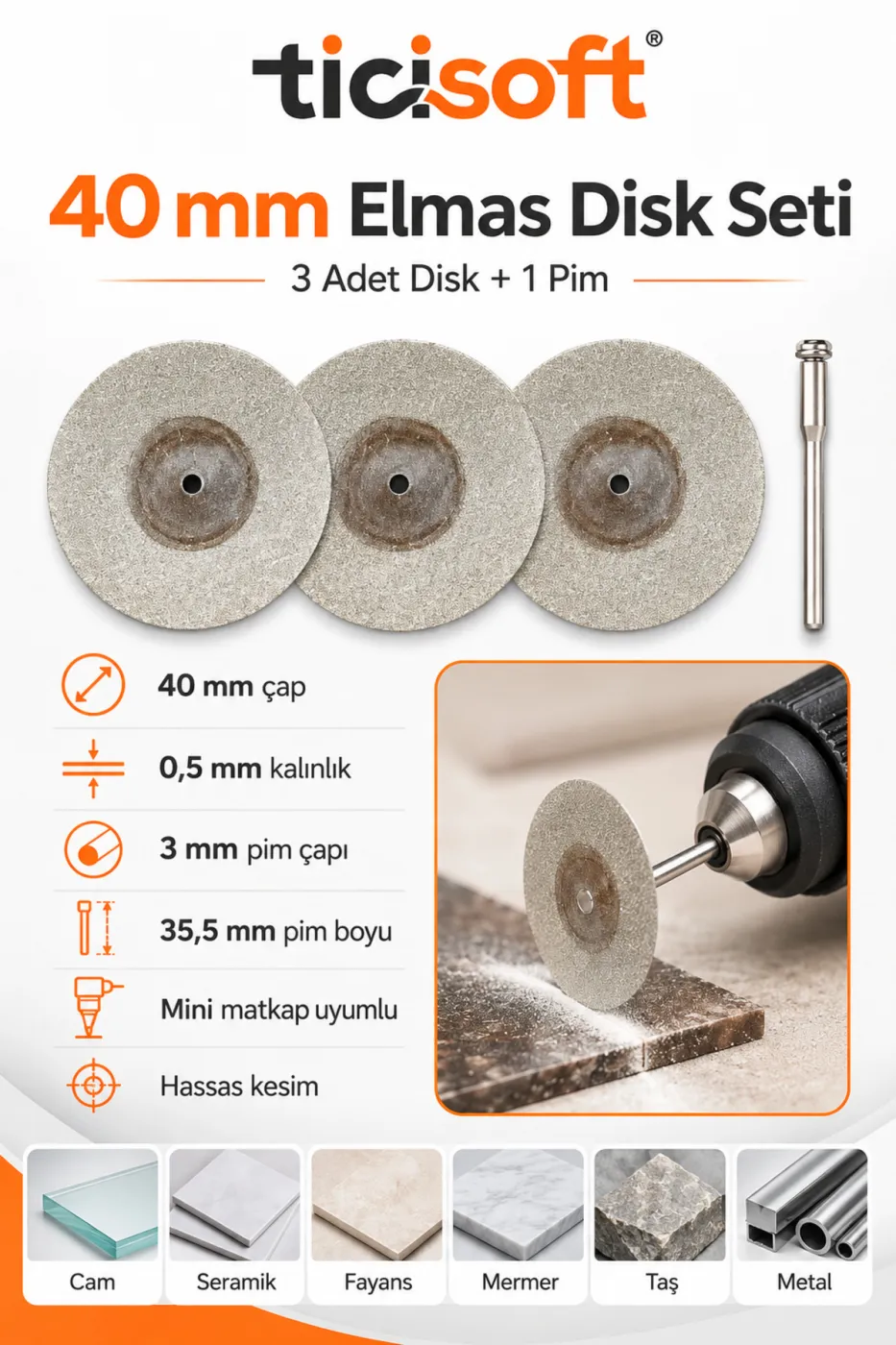 3 Adet 40 mm Elmas Kesme Disk Seti 0,5 mm İnce Disk + 1 Adet 3 mm Pim Mini Matkap Gravür Uyumlu