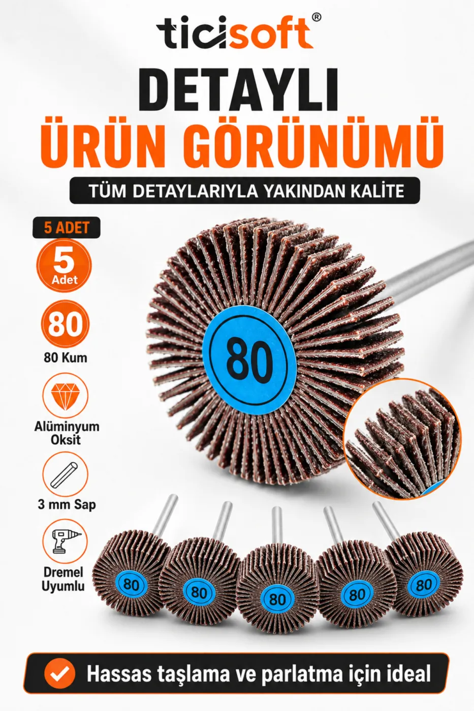 Saplı Mop Alüminyum Oksit Fırfır Zımpara 80 Kum 32 mm Dremel ve Gravür Uyumlu 5’li Set