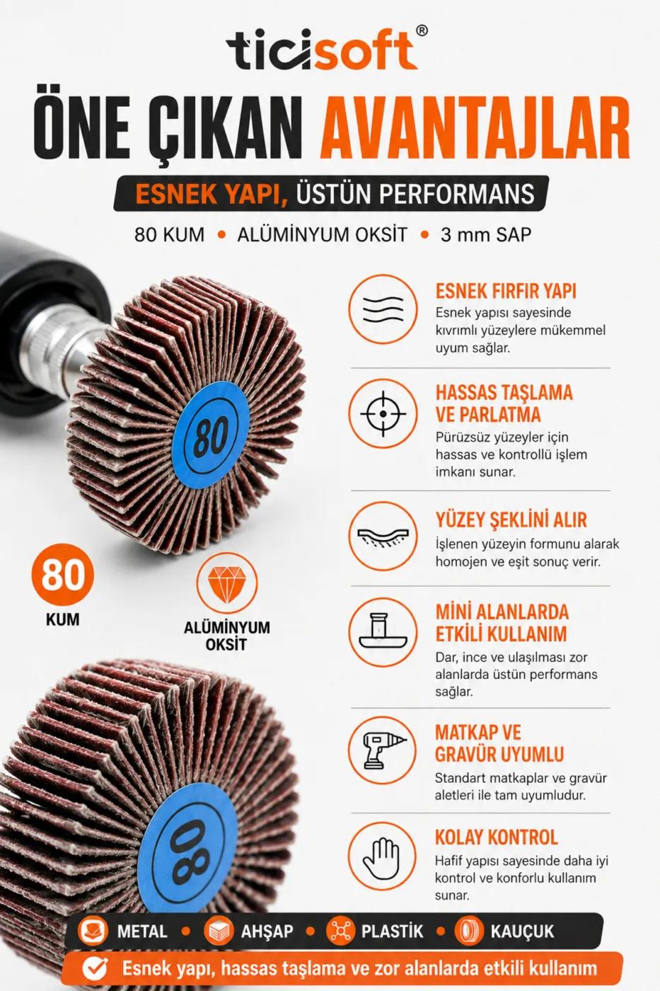 Saplı Mop Alüminyum Oksit Fırfır Zımpara 80 Kum 32 mm Dremel ve Gravür Uyumlu 5’li Set