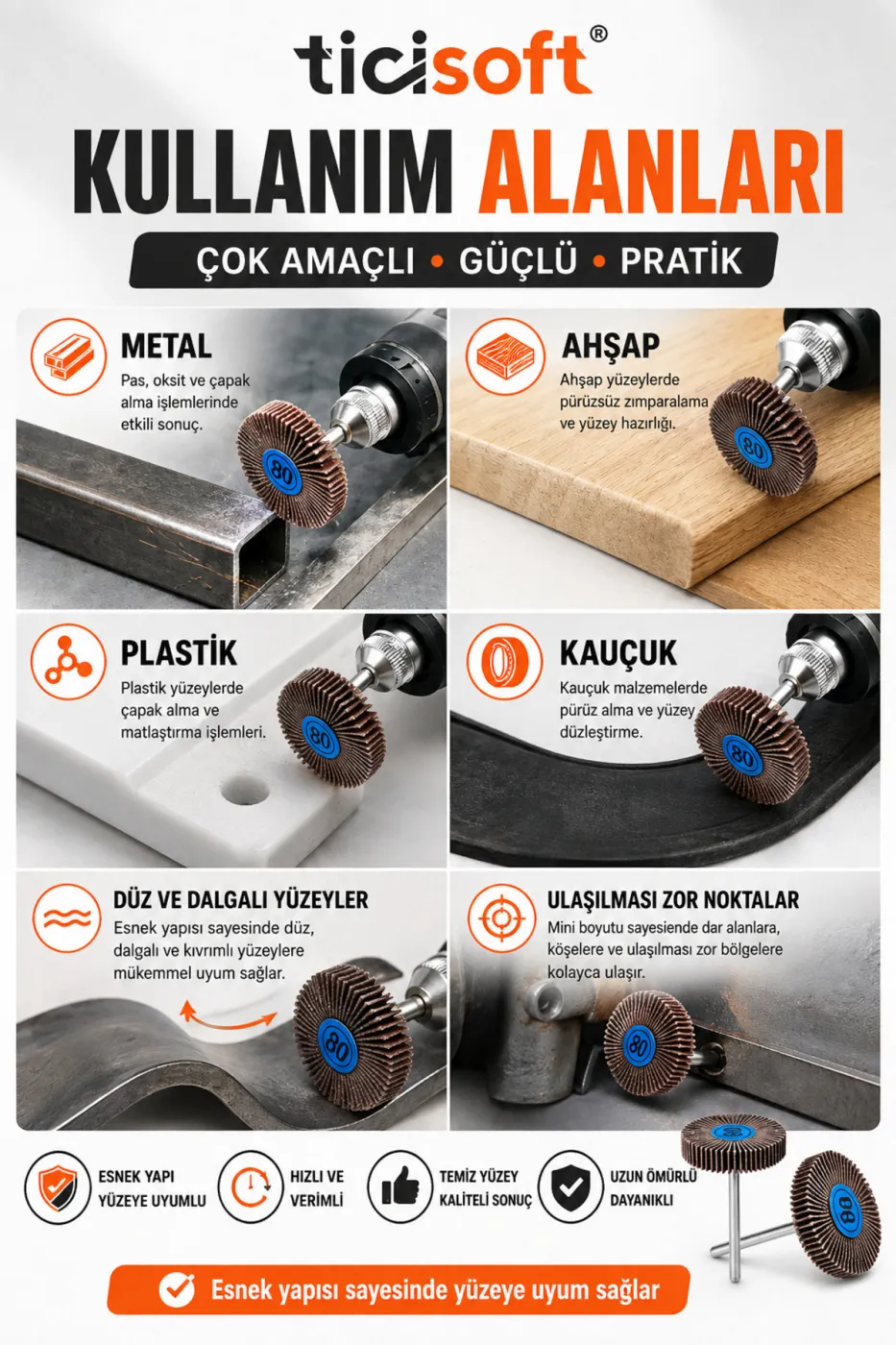 Saplı Mop Alüminyum Oksit Fırfır Zımpara 80 Kum 32 mm Dremel ve Gravür Uyumlu 5’li Set