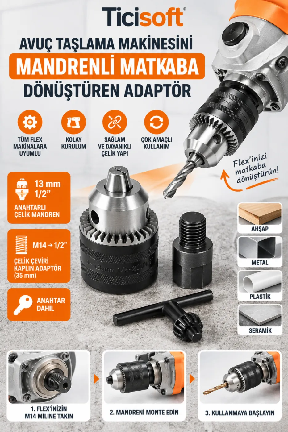 Avuç Taşlama Spiral Makinesini Matkaba Dönüştüren Adaptör Seti 13 mm Anahtarlı Çelik Mandren M14 1/2 Kaplin