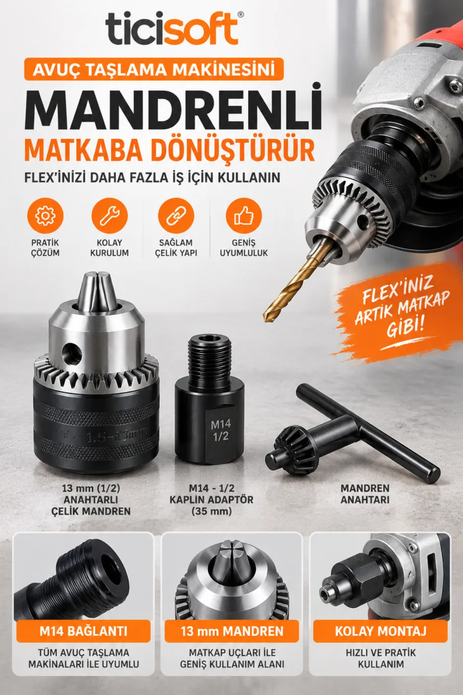Avuç Taşlama Spiral Makinesini Matkaba Dönüştüren Adaptör Seti 13 mm Anahtarlı Çelik Mandren M14 1/2 Kaplin